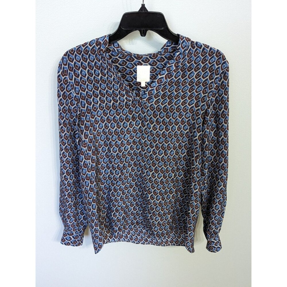 Xacus Jonna 100% Silk Long Sleeve Blue Brown Blouse No size Eur 40 Medium